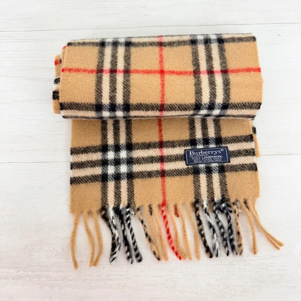 Vintage Burberrys Scarf Unisex Tan Nova Check Lambswool Made in England 8x50